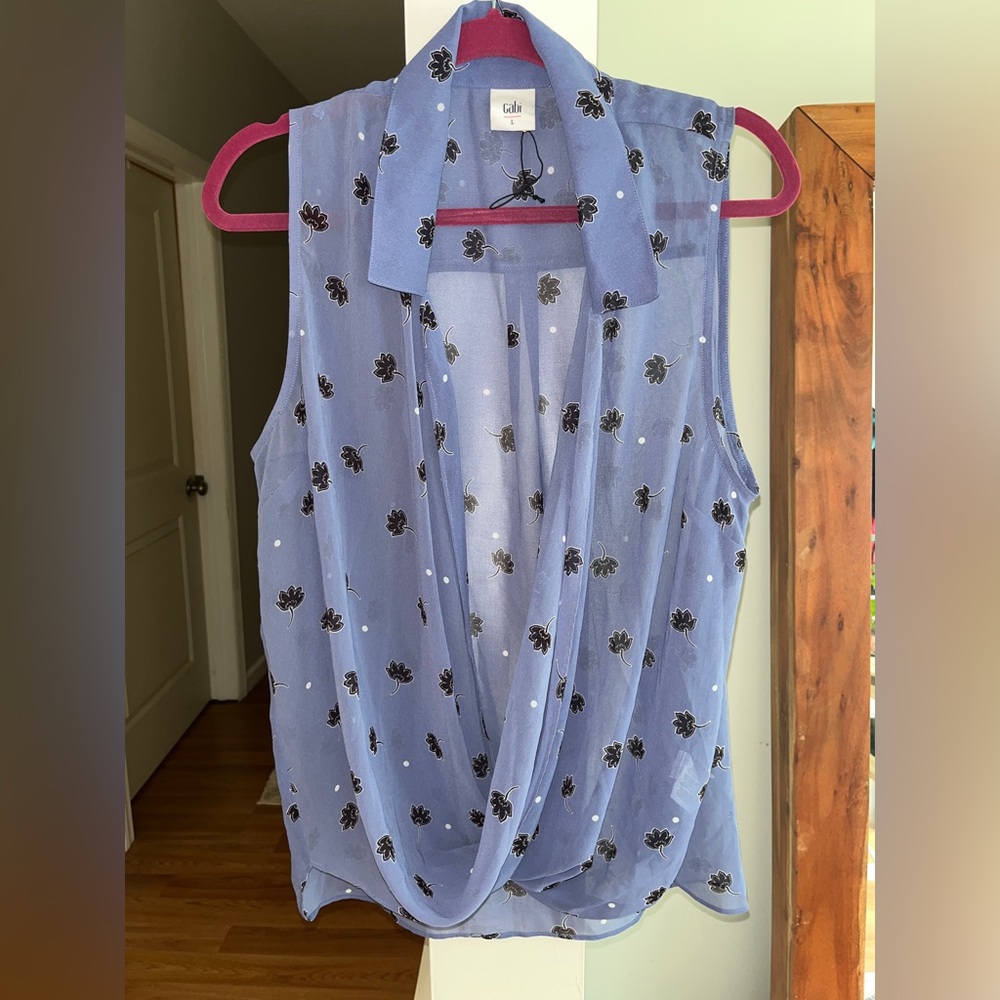 CAbi Lavender Sleeveless Top with Black Floral Design